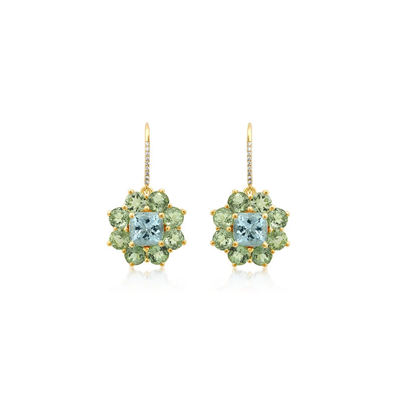 Jennifer Meyer Large Mint Tourmaline Flower Drop Earrings with Aquamarine Center in 18K Yellow Gold Jennifer Meyer Large Mint Tourmaline Flower Drop Earrings with Aquamarine Center in 18K Yellow Gold | Fine Earrings | Coveti
