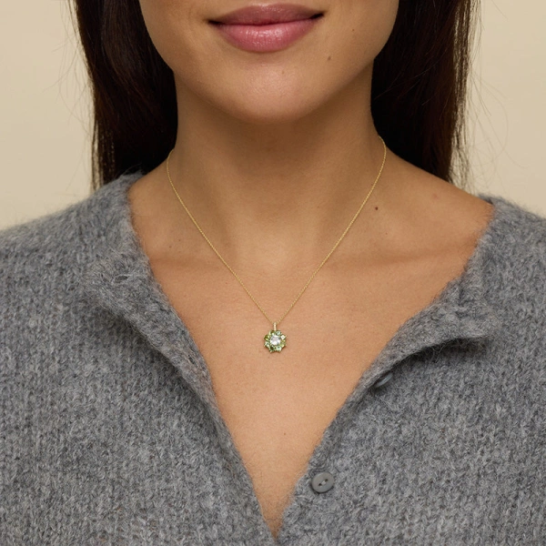 Jennifer Meyer Large Mint Tourmaline Flower Necklace with Aquamarine Center in 18K Yellow Gold | Fine Necklaces | Coveti