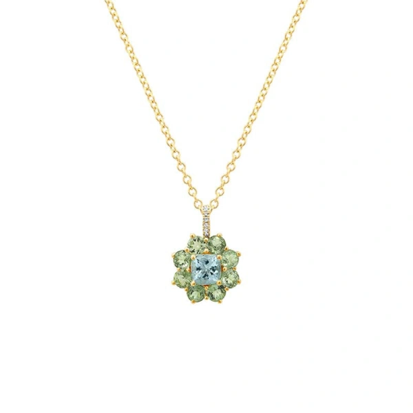 Jennifer Meyer Large Mint Tourmaline Flower Necklace with Aquamarine Center in 18K Yellow Gold | Fine Necklaces | Coveti