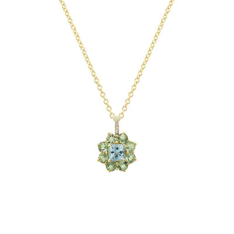 Jennifer Meyer Large Mint Tourmaline Flower Necklace with Aquamarine Center in 18K Yellow Gold Jennifer Meyer Large Mint Tourmaline Flower Necklace with Aquamarine Center in 18K Yellow Gold | Fine Necklaces | Coveti