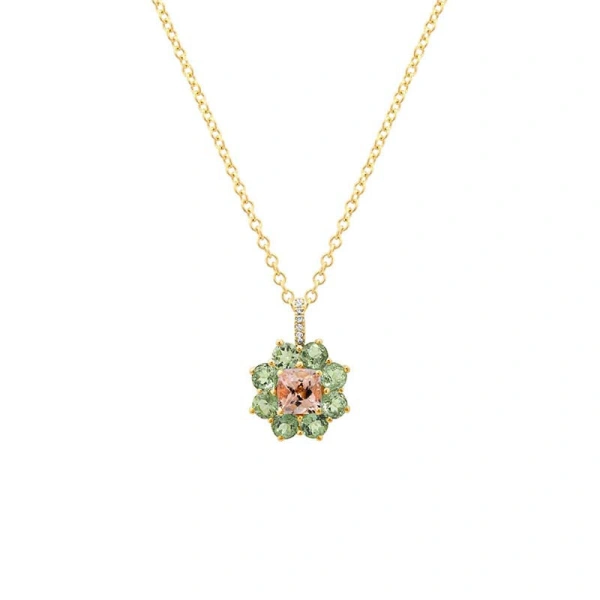 Jennifer Meyer Large Mint Tourmaline Flower Necklace with Morganite Center in 18K Yellow Gold | Fine Necklaces | Coveti