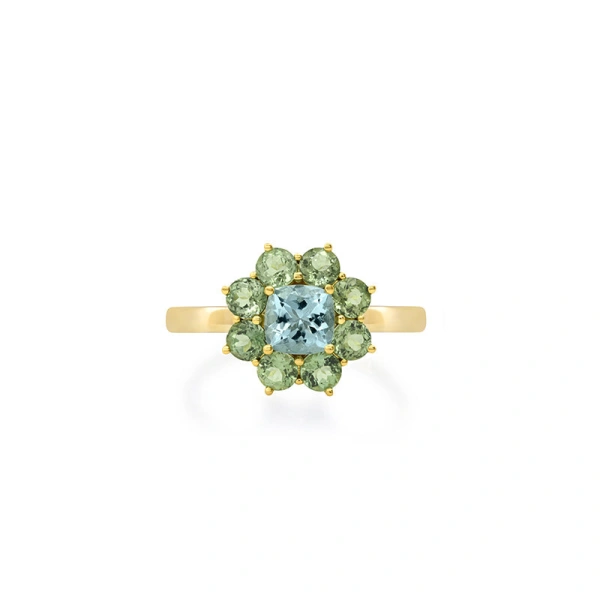 Jennifer Meyer Large Mint Tourmaline Flower Ring with Aquamarine Center in 18K Yellow Gold | Fine Rings | Coveti