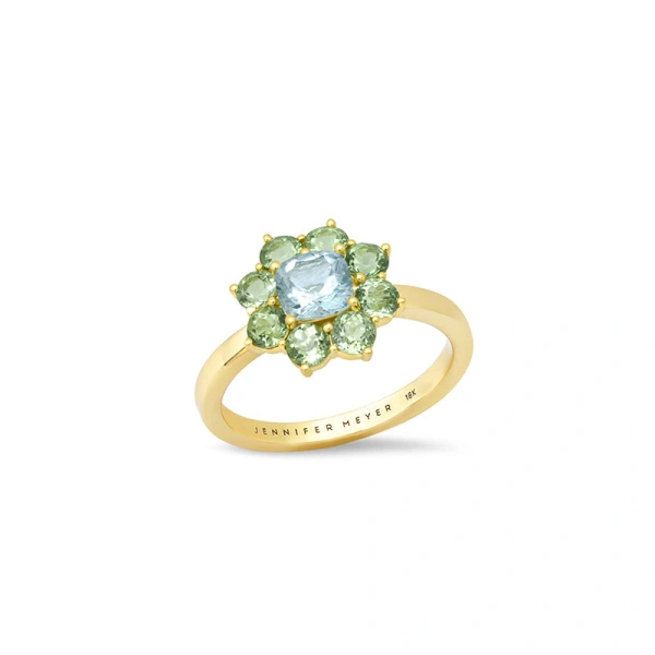 Large Mint Tourmaline Flower Ring with Aquamarine Center in 18K Yellow Gold