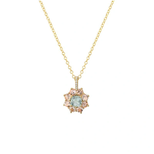 Jennifer Meyer Large Morganite Flower Necklace with Aquamarine Center in 18K Yellow Gold | Fine Necklaces | Coveti