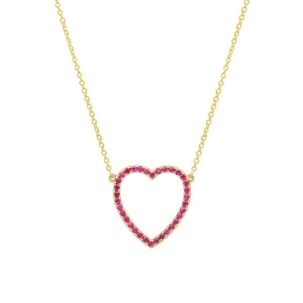 Large Ruby Open Heart Necklace in 18K Yellow Gold