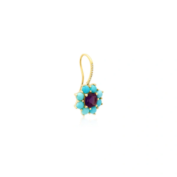 Jennifer Meyer Large Turquoise Flower Drop Earrings with Amethyst Center in 18K Yellow Gold | Fine Earrings | Coveti