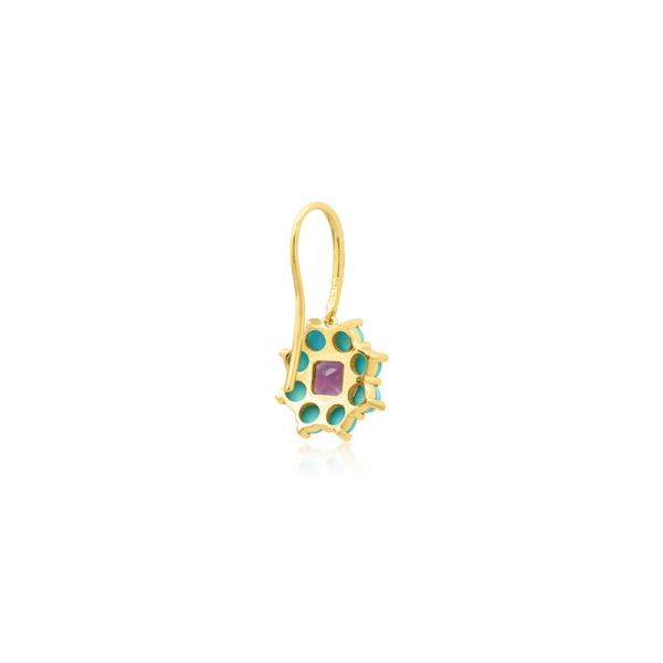 Jennifer Meyer Large Turquoise Flower Drop Earrings with Amethyst Center in 18K Yellow Gold | Fine Earrings | Coveti
