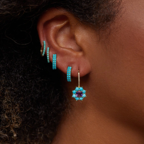 Jennifer Meyer Large Turquoise Flower Drop Earrings with Amethyst Center in 18K Yellow Gold | Fine Earrings | Coveti