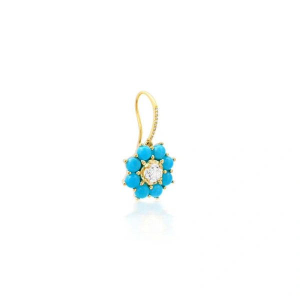 Jennifer Meyer Large Turquoise Flower Drop Earrings with Illusion Set Diamond Center in 18K Yellow Gold | Fine Earrings | Coveti