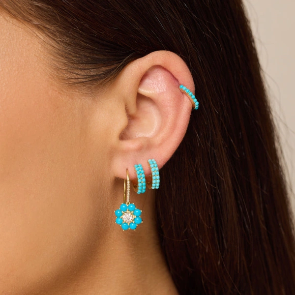 Jennifer Meyer Large Turquoise Flower Drop Earrings with Illusion Set Diamond Center in 18K Yellow Gold | Fine Earrings | Coveti