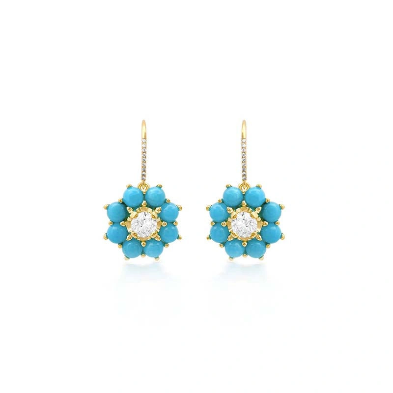 Jennifer Meyer Large Turquoise Flower Drop Earrings with Illusion Set Diamond Center in 18K Yellow Gold Jennifer Meyer Large Turquoise Flower Drop Earrings with Illusion Set Diamond Center in 18K Yellow Gold | Fine Earrings | Coveti