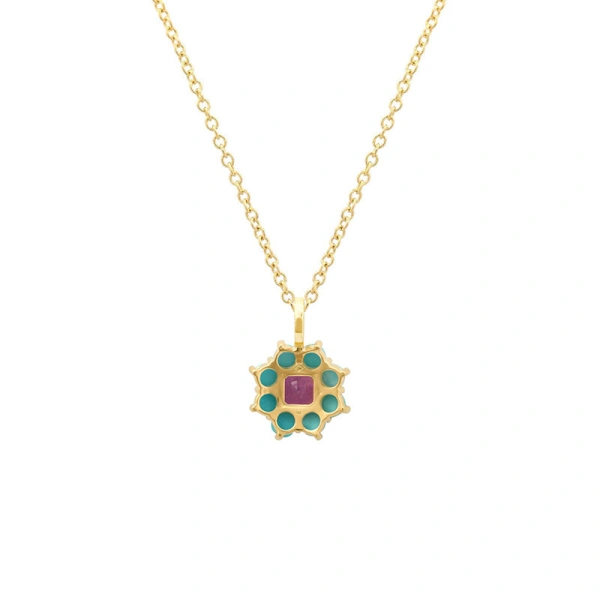 Jennifer Meyer Large Turquoise Flower Necklace with Amethyst Center in 18K Yellow Gold | Fine Necklaces | Coveti