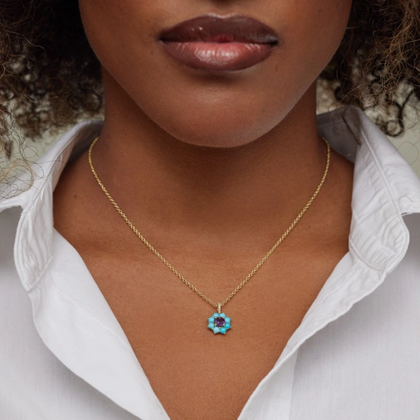Jennifer Meyer Large Turquoise Flower Necklace with Amethyst Center in 18K Yellow Gold | Fine Necklaces | Coveti
