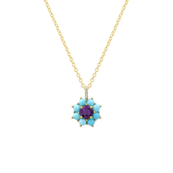 Jennifer Meyer Large Turquoise Flower Necklace with Amethyst Center in 18K Yellow Gold | Fine Necklaces | Coveti