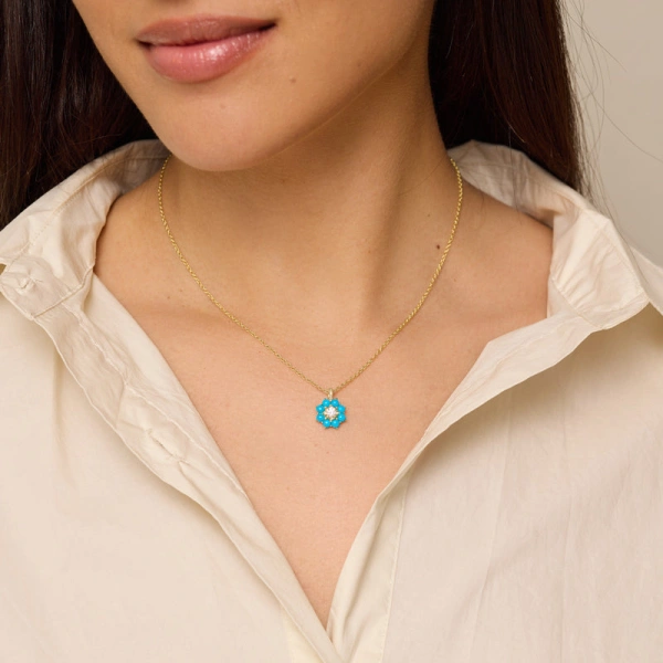 Jennifer Meyer Large Turquoise Flower Necklace with Illusion Diamond Center in 18K Yellow Gold | Fine Necklaces | Coveti