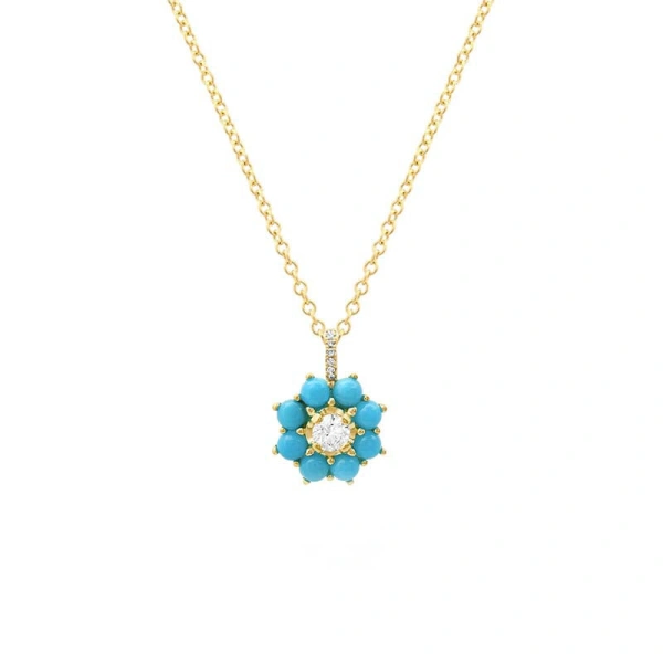 Large Turquoise Flower Necklace with Illusion Diamond Center in 18K Yellow Gold