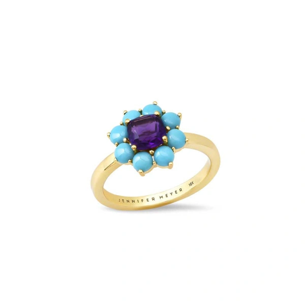 Jennifer Meyer Large Turquoise Flower Ring with Amethyst Center in 18K Yellow Gold | Fine Rings | Coveti