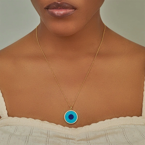 Jennifer Meyer Large Turquoise Inlay Evil Eye Pendant with Diamonds in 18K Yellow Gold | Fine Necklaces | Coveti