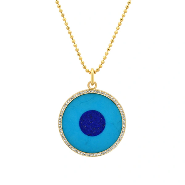 Jennifer Meyer Large Turquoise Inlay Evil Eye Pendant with Diamonds in 18K Yellow Gold | Fine Necklaces | Coveti
