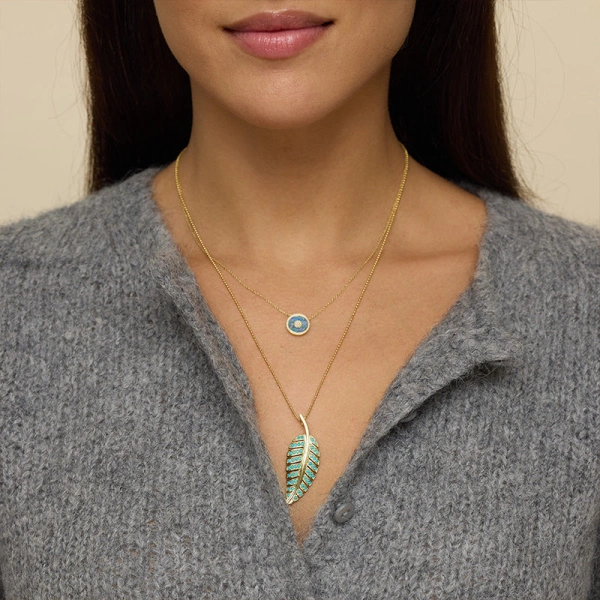 Jennifer Meyer Large Turquoise Leaf Necklace in 18K Yellow Gold | Fine Necklaces | Coveti