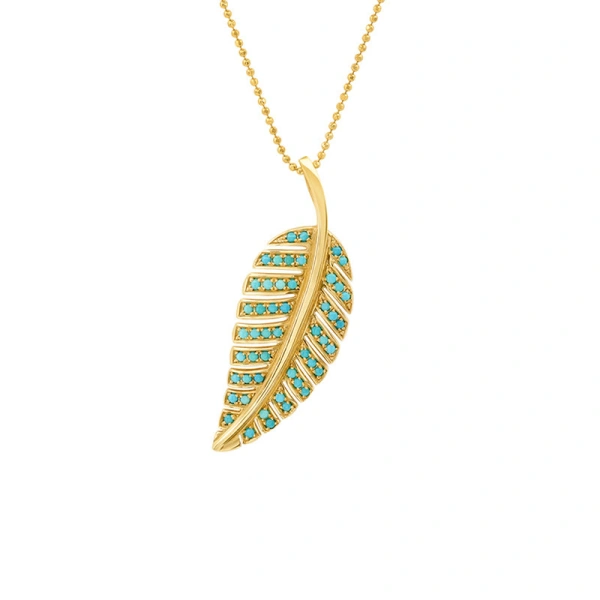 Jennifer Meyer Large Turquoise Leaf Necklace in 18K Yellow Gold | Fine Necklaces | Coveti