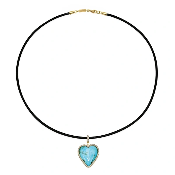 Jennifer Meyer Leather Cord Necklace with Turquoise Cabochon Heart in 18K Yellow Gold | Fine Necklaces | Coveti