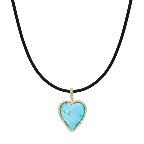 Jennifer Meyer Leather Cord Necklace with Turquoise Cabochon Heart in 18K Yellow Gold | Fine Necklaces | Coveti