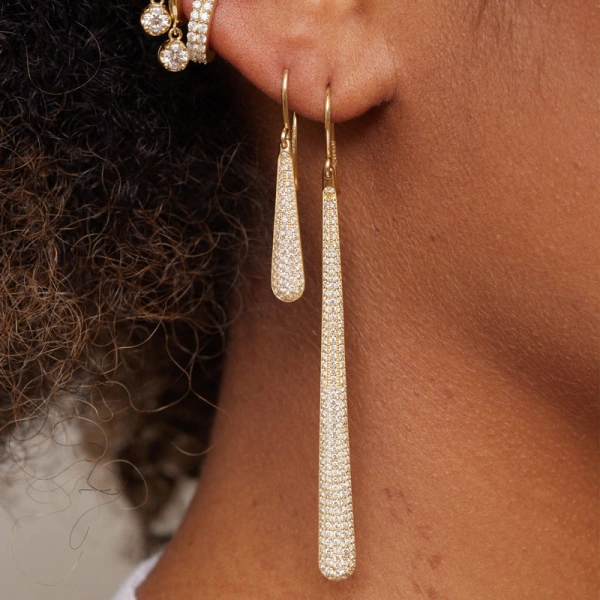 Jennifer Meyer Long Diamond Dome Earrings in 18K Yellow Gold | Fine Earrings | Coveti