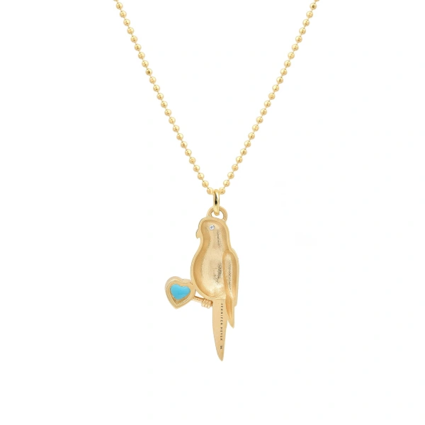 Jennifer Meyer Lovebird Necklace with Turquoise Heart in 18K Yellow Gold | Fine Necklaces | Coveti