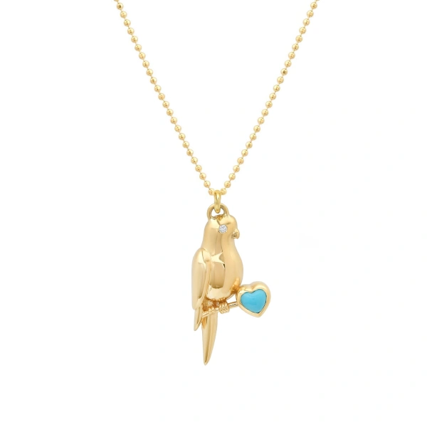 Jennifer Meyer Lovebird Necklace with Turquoise Heart in 18K Yellow Gold | Fine Necklaces | Coveti