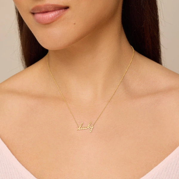 Jennifer Meyer Lucky Script Necklace in 18K Yellow Gold | Fine Necklaces | Coveti