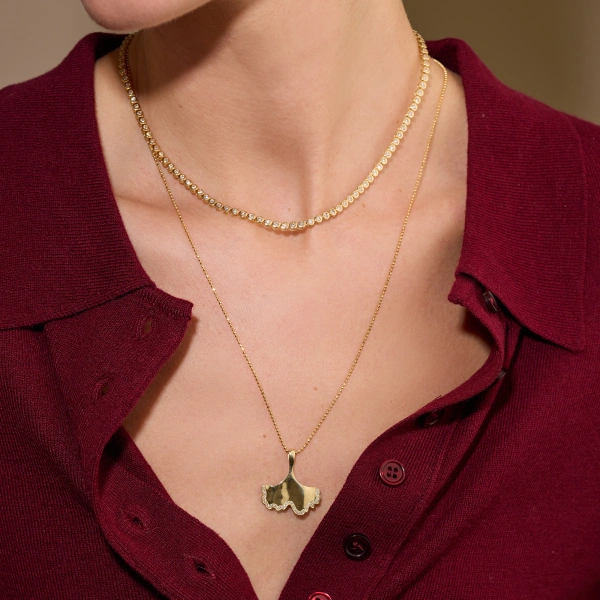 Jennifer Meyer Luxe Ginkgo Leaf with Diamond Accent in 18K Yellow Gold | Fine Necklaces | Coveti