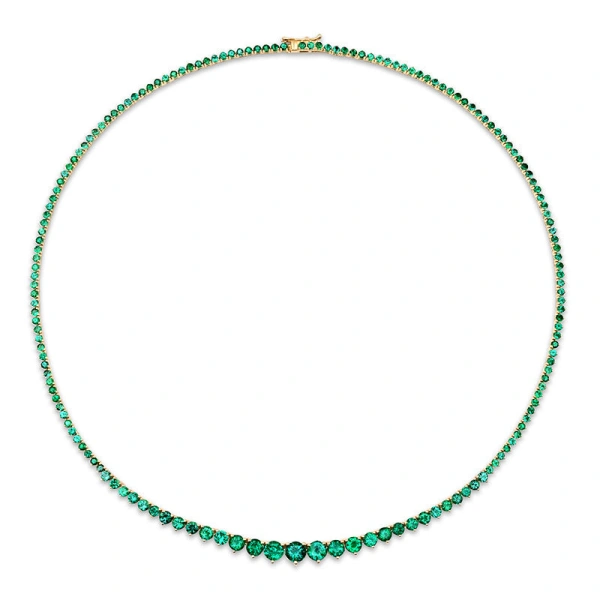 Jennifer Meyer Luxe Graduated 3 Prong Emerald Tennis Necklace in 18K Yellow Gold | Fine Necklaces | Coveti
