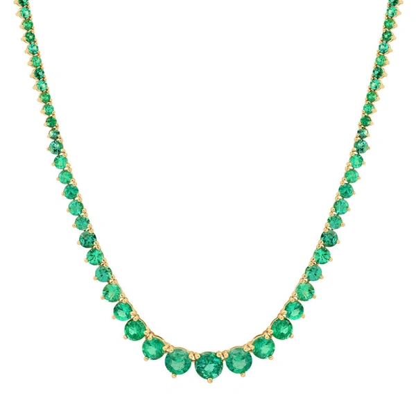 Jennifer Meyer Luxe Graduated 3 Prong Emerald Tennis Necklace in 18K Yellow Gold | Fine Necklaces | Coveti