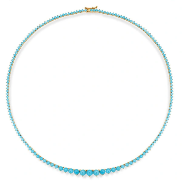 Jennifer Meyer Luxe Graduated 3 Prong Turquoise Tennis Necklace in 18K Yellow Gold | Fine Necklaces | Coveti