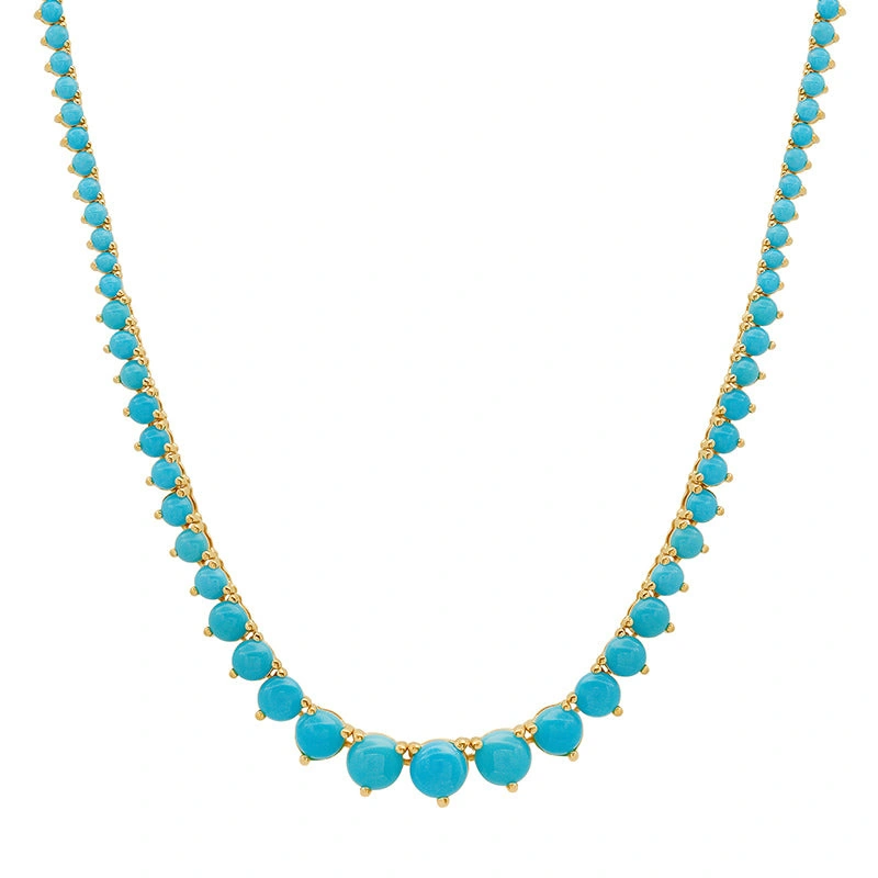 Jennifer Meyer Luxe Graduated 3 Prong Turquoise Tennis Necklace in 18K Yellow Gold Jennifer Meyer Luxe Graduated 3 Prong Turquoise Tennis Necklace in 18K Yellow Gold | Fine Necklaces | Coveti