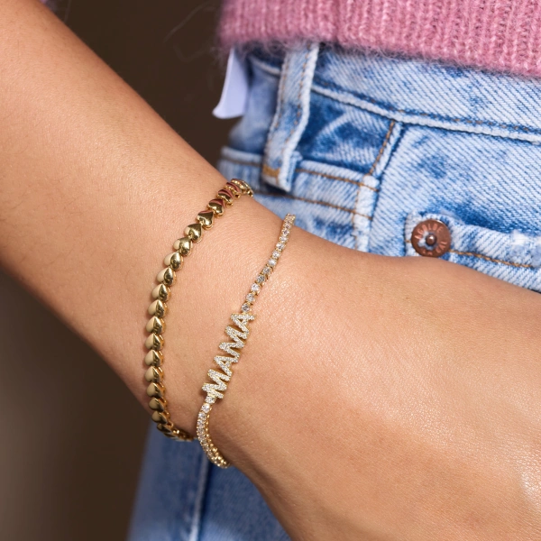 Jennifer Meyer Mama 4 Prong Diamond Tennis Bracelet in 18K Yellow Gold | Fine Bracelets | Coveti