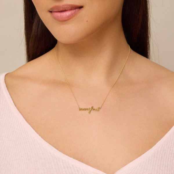 Jennifer Meyer Manifest Script Necklace in 18K Yellow Gold | Fine Necklaces | Coveti