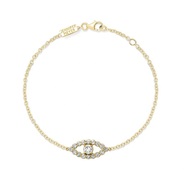 Jennifer Meyer Medium Diamond Open Evil Eye Bracelet in 14K Yellow Gold | Fine Bracelets | Coveti