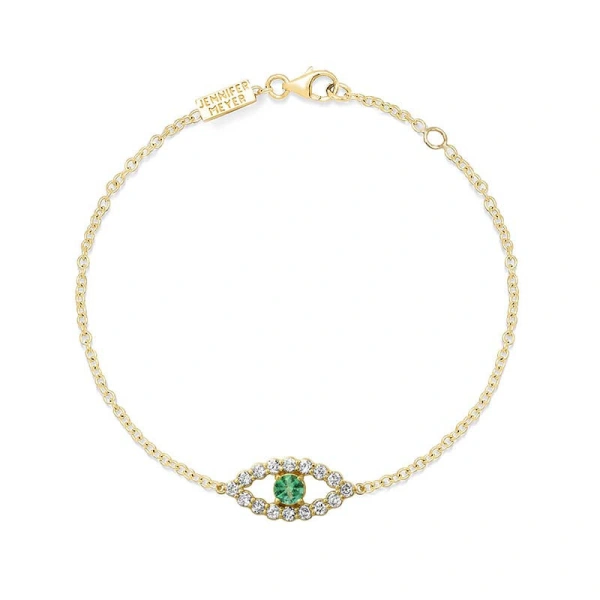 Jennifer Meyer Medium Diamond Open Evil Eye Bracelet with Emerald Center in 14K Yellow Gold | Fine Bracelets | Coveti