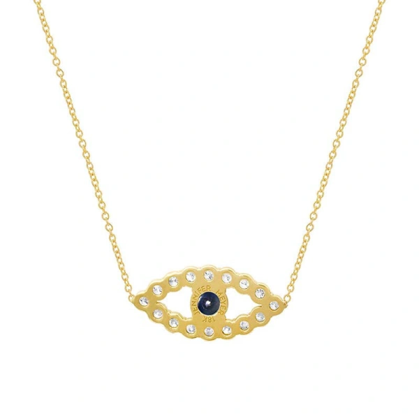 Jennifer Meyer Medium Diamond Open Evil Eye Necklace with Blue Sapphire Center in 14K Yellow Gold | Fine Necklaces | Coveti