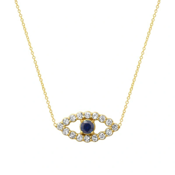 Jennifer Meyer Medium Diamond Open Evil Eye Necklace with Blue Sapphire Center in 14K Yellow Gold | Fine Necklaces | Coveti