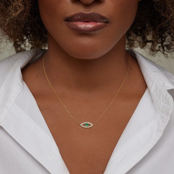 Jennifer Meyer Medium Diamond Open Evil Eye Necklace with Emerald Center in 14K Yellow Gold | Fine Necklaces | Coveti