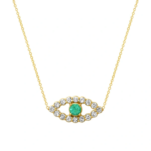 Jennifer Meyer Medium Diamond Open Evil Eye Necklace with Emerald Center in 14K Yellow Gold | Fine Necklaces | Coveti