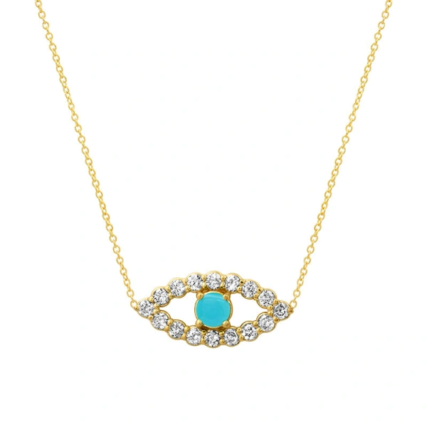 Jennifer Meyer Medium Diamond Open Evil Eye Necklace with Turquoise Center in 14K Yellow Gold | Fine Necklaces | Coveti