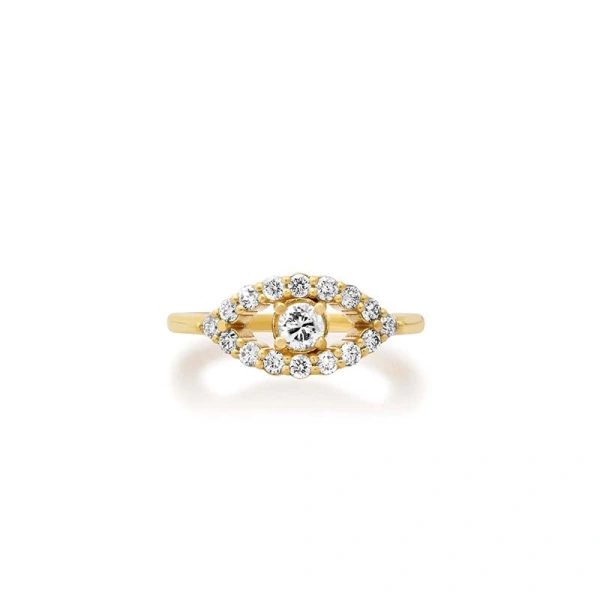 Jennifer Meyer Medium Diamond Open Evil Eye Ring in 18K Yellow Gold | Fine Rings | Coveti