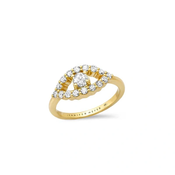 Jennifer Meyer Medium Diamond Open Evil Eye Ring in 18K Yellow Gold | Fine Rings | Coveti