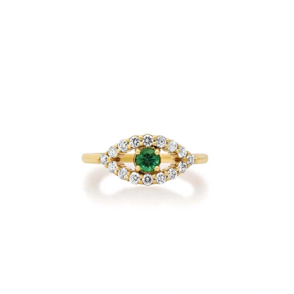 Jennifer Meyer Medium Diamond Open Evil Eye Ring with Emerald Center in 18K Yellow Gold | Fine Rings | Coveti