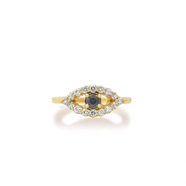 Jennifer Meyer Medium Diamond Open Evil Eye Ring with Sapphire Center in 18K Yellow Gold | Fine Rings | Coveti