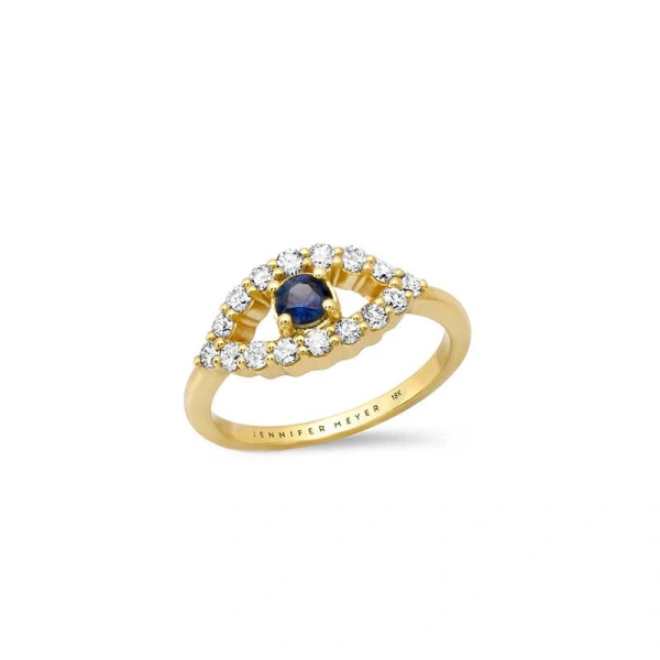 Jennifer Meyer Medium Diamond Open Evil Eye Ring with Sapphire Center in 18K Yellow Gold | Fine Rings | Coveti